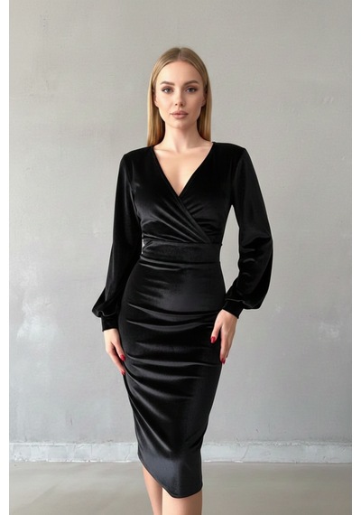 Defymoda Kadın Asimetrik Kesim Kruvaze Elbise Siyah