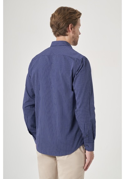 İmza Lacivert-beyaz Düğmeli Yaka Uzun Kol Cepli Comfort Fit %100 Pamuk Gömlek 1004260212 Lacivert - Beyaz