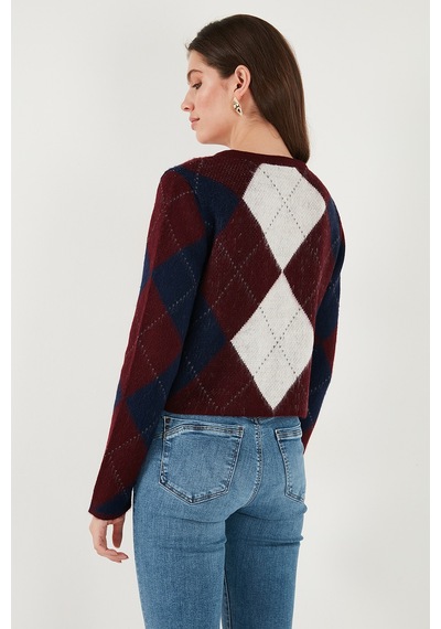 Lela Regular Fit Bisiklet Yaka Baklava Desenli Düğmeli Crop Bayan Hırka 4615570 Bordo