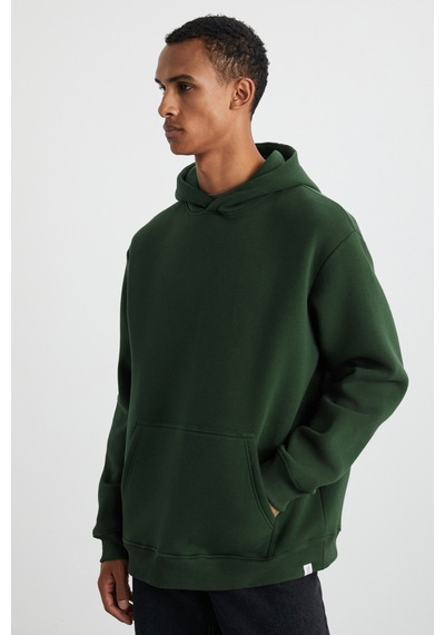 Grımelange Cartmel Erkek Organik Kumaşlı İçi Polarlı Yumuşacık  Kanguru Cepli Kapüşonlu Koyu Yeşil Sweatshirt