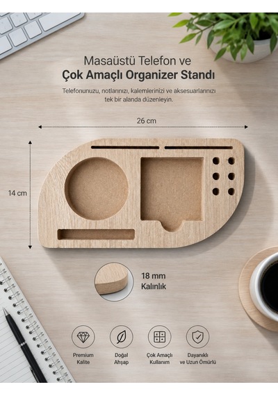 Deskmate Safir Meşe Telefon Standlı Mdf Masaüstü Organizer Kalemlik & Notluk & Kartlık