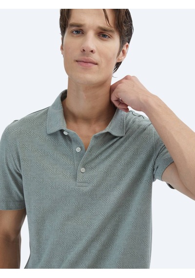 Kip Haki Desenli Polo Yaka Pamuk Karışımlı T-shirt Haki