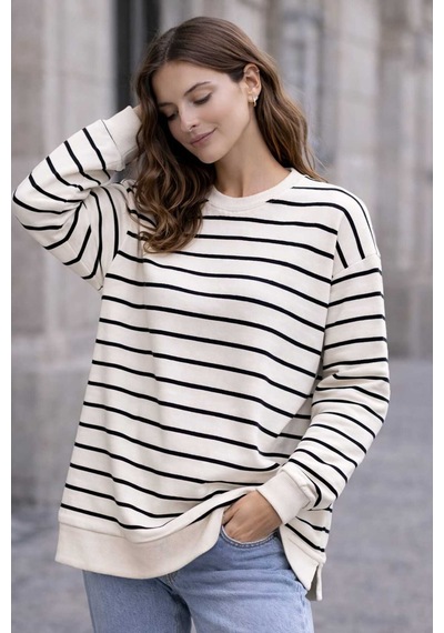 Tenra Oversize Geniş Kalıp Kadın Sweatshirt Bisiklet Yaka Basic Çizgili Lacivert