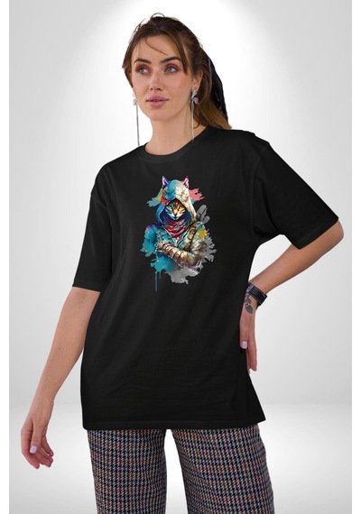 Kedi Assassin's Creed Pamuklu Bisiklet Yaka Unisex Oversize Boyfriend Dijital Baskılı Siyah T-shirt Siyah