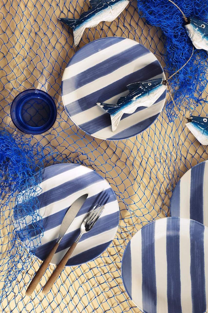 Kütahya Porselen Ocean Line 4 Parça 20 Cm Pasta Tabağı Mavi Beyaz Ve Altın