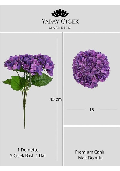 Mor Yapay Ortanca Çiçeği 5 Dallı Premium Canlı Islak Dokulu 42 Cm