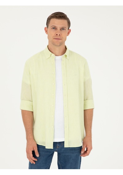 Cacharel Yeşil Slim Fit Keten Karışımlı Gömlek