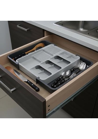 Deconox Çekmece İçi Sürgülü Çatal Kaşık Ve Bıçaklık Organizeri - Genişleyebilir Modüler Mutfak Düzenleyici Açık 55 Cm, Kapalı 34 Cm - Açık Gri Ve Antrasit Renk Açık Mavi