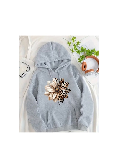 Herkesemoda Leopar Desenli Çiçek Baskı Detaylı İçi Polarlı Kapüşonlu Sweatshirt Gri