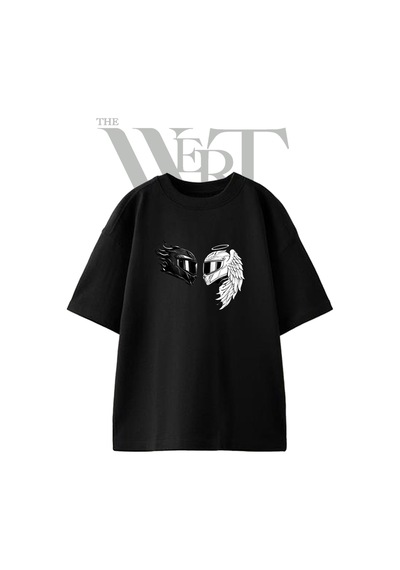 Thewert Kask Melek Seytan Tasarım Baskılı Ünisex Siyah Oversize T-shirt