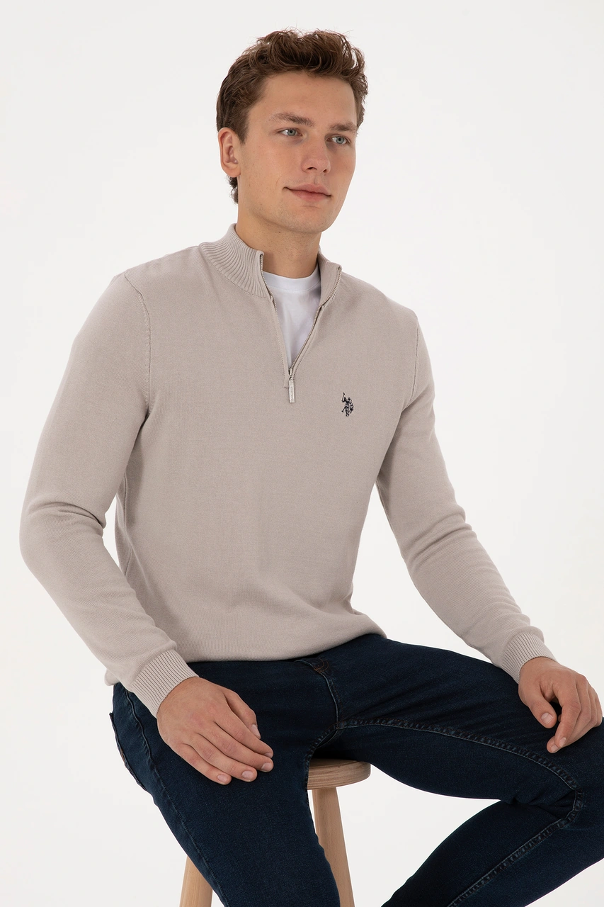 U.S. Polo Assn. Erkek Slim Fit Yarım Fermuarlı Taş Basic Kazak 50313695-VR049
