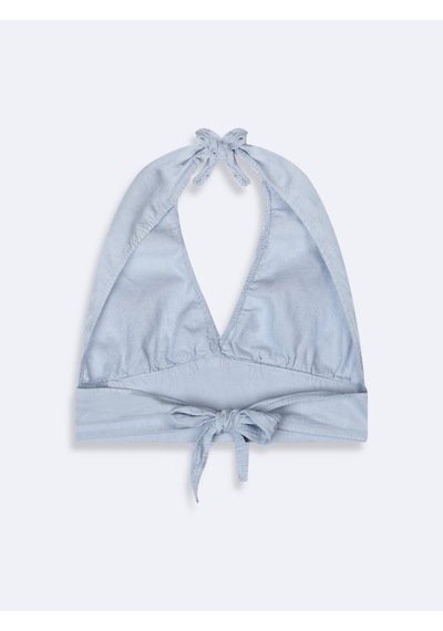 LTB Saten Halter Yaka Crop Açık Mavi Bluz