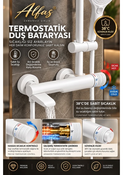 Alfas Termostatik Duş Bataryası Seti 3 Fonksiyonlu Basınçlı El Duşu Pirinç Banyo Duş Sistemi Beyaz