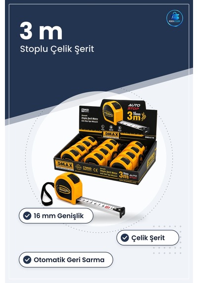 Şerit Metre 3 M X 16 Mm Çelik Otomatik Stoplu Ölçüm Aleti Kompakt
