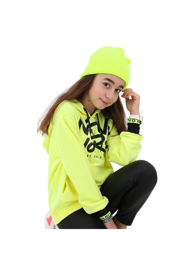 İrem Çocuk Giyim Kız Çocuk New York Desenli Kanguru Cepli Kapüşonlu Sweatshirt Sarı