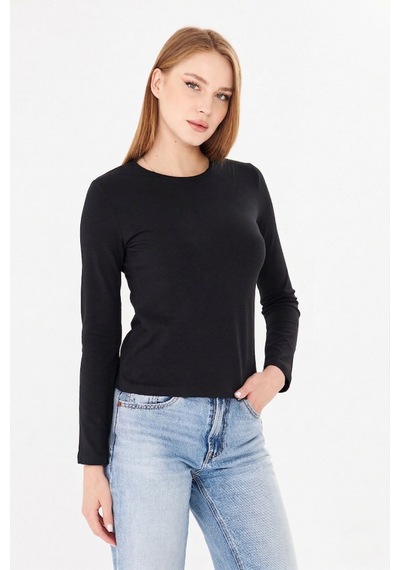 Sortie Collection Bisiklet Yaka Pamuklu Uzun Kollu Basic Penye Tişört Bluz Siyah