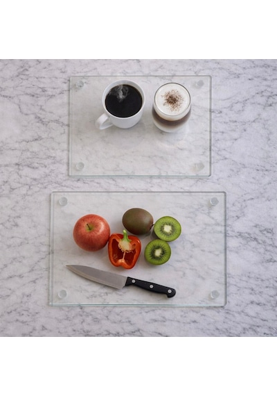 2'li Temperli Cam Kesme Tahtası 20x30 & 25x35 Cm Hijyenik Mutfak Doğrama Camı Kesme Tablasıı Bella Vetro Şeffaf