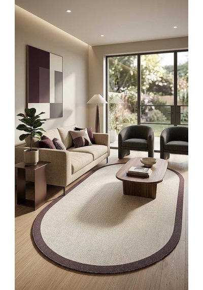 Natura Sisal Hasır Görünümlü Çerçeveli Oval Halı Ntr18 Marsala-krem Kırmızı