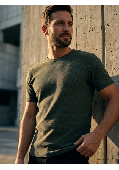 Süvari Regular Kalıp Hava Alan Waffle Desenli T-shirt Haki