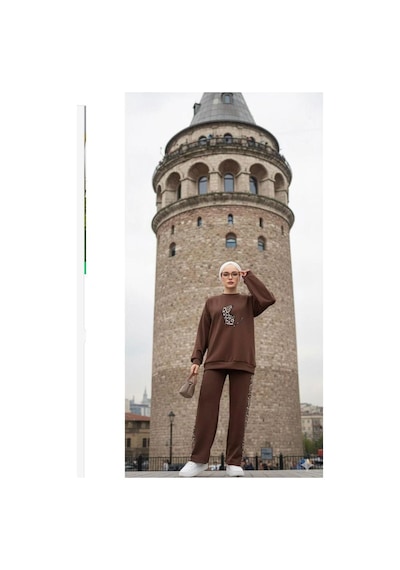 Lovie Moda Kadın Leopar Baskılı Eşofman Takımı Kahverengi
