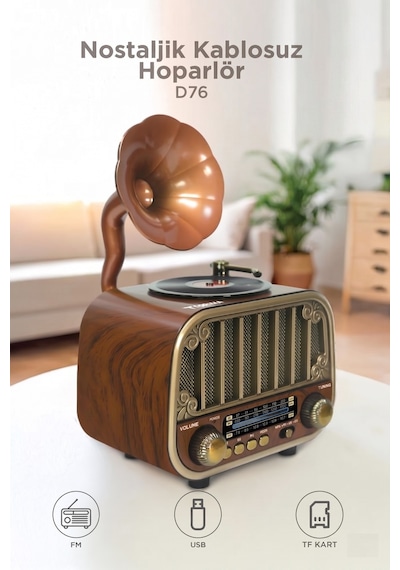 Bluetooh Hoparlör Nostaljik Radyo Aux Usb Tf Destekli Speaker D76 Ahşap