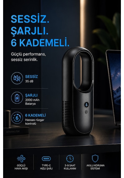 6 Kademeli Şarjlı Masa Vantilatörü Bıçaksız Modern Tasarım Masaüstü Taşınabilir Fan Siyah F177