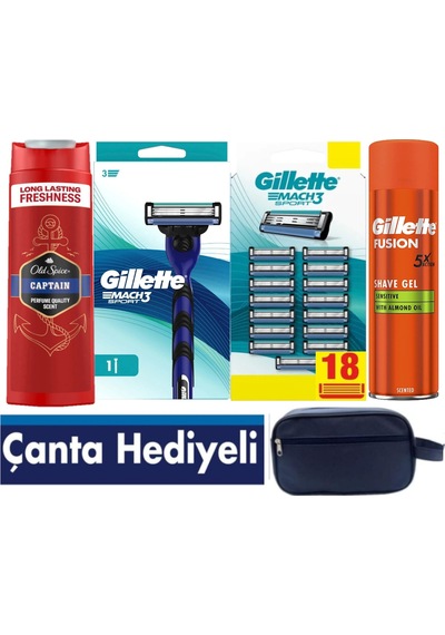 Mach3 Sport Makine+18 Yedek Bıçağı + 200ml Jel +oldspice 400ml Şampuan +çanta