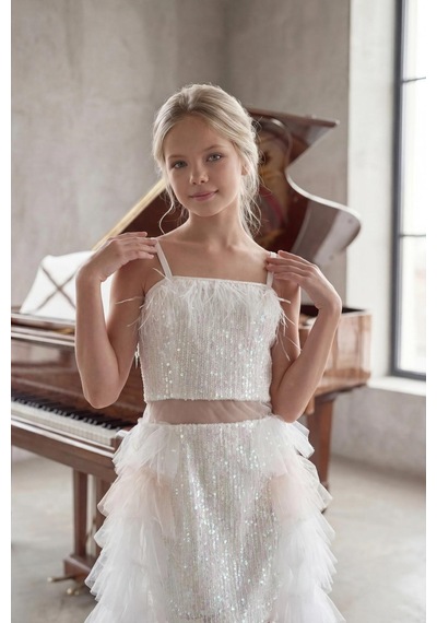 Butik Happy Kids Kız Çocuk Beyaz Payetli Kuyruklu Abiye Elbise Tül Detaylı Mini Uzun Kuyruklu Prenses Model Abiye Elbise 8-16 Yaş