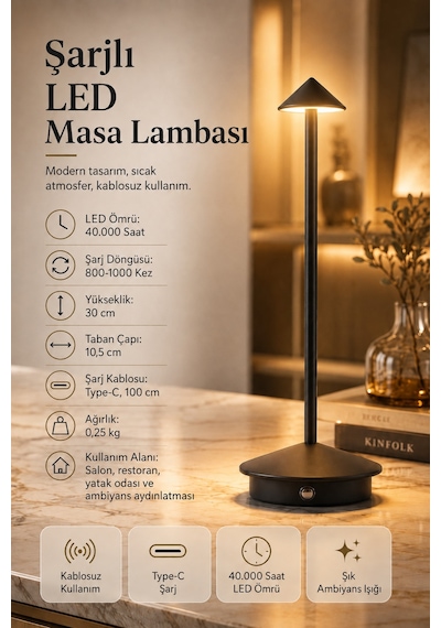 Şarjlı Usb'li Led'li Siyah Gece Lambası 3 Farklı Işık Modlu Dokunmatik Dimmerli Dekoratif Metal Masa Lambası