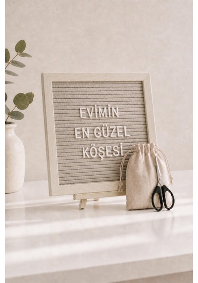 Woodart Premium Letter Board Seti, Şampanya Krem Keçe Yüzeyli Doğal Çam Ahşap Yazı Panosu Şövale Standlı Dekoratif Set