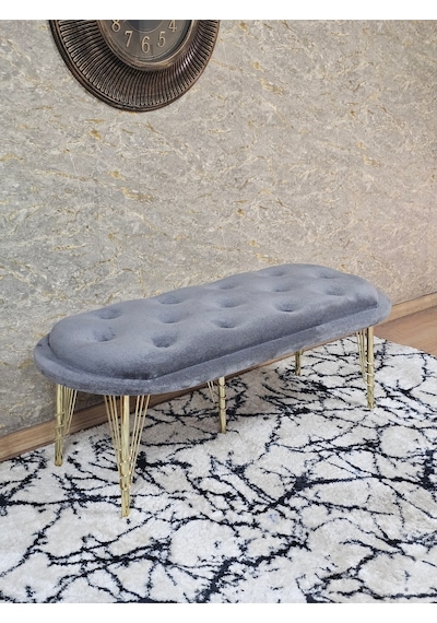 Zafir Ufo Oturak Bench - Gold Kaplama Telli Ayak - Oturak - Bench - Puf - Yatak Ucu Pufu Gri