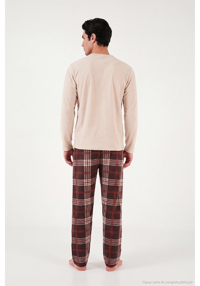 Buratti Ekoseli Bisiklet Yaka Yumuşak Dokulu Polar Pijama Takımı Erkek Pijama Takımı 6097000 Bej