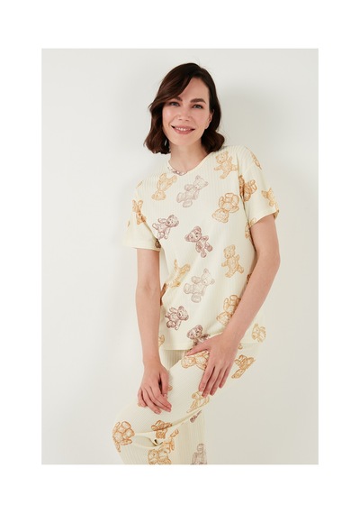 Lela Regular Fit Kısa Kollu Bayan Pijama Takımı 65740104 Bej