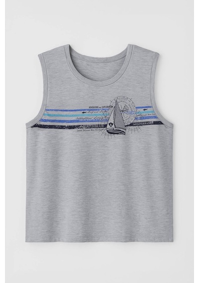 Erkek Yelkenli Baskılı %100 Pamuk Kolsuz T-shirt Gri Melanj