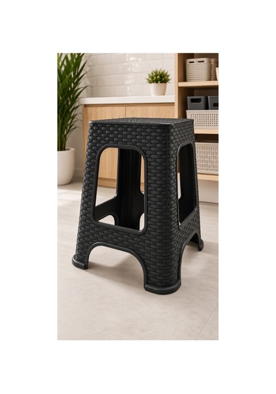 Nova 6 Lı Rattan Desenli Büyük Boy Tabure Seti Siyah 45 Cm Sağlam İstiflenebilir Çok Amaçlı Plastik Tabure Siyah