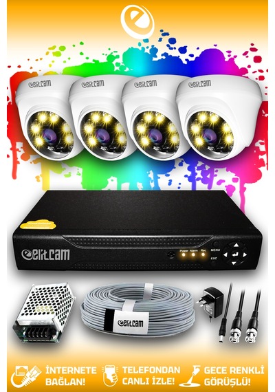 Elitcam 4 Kameralı Dome 4 İç Kamera Set HDD'siz Full HD Renkli Gece Görüşlü Güvenlik Kamerası Sistemi