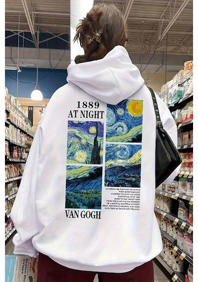 Vangogh Baskılı Oversize Sweatshirt Beyaz