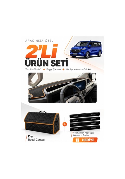 Ford Transit Custom 2025-sonrası Uyumlu Torpido Örtüsü + Deri Çanta + Sticker - Siyah Kahverengi