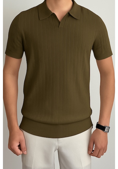 Tarz Cool Erkek Mat Haki Slim Fit Fitilli Polo Yaka Triko T-shirt Mat Haki