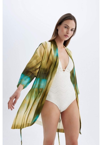 DeFacto Desenli Pamuklu Kimono-Fall in Love D0453AX24SMKH452 Haki
