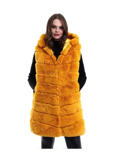 Kadın Kapüşonlu Peluş Kürk Yelek Premium Kalite Tam Astarlı Uzun Model - Sarı