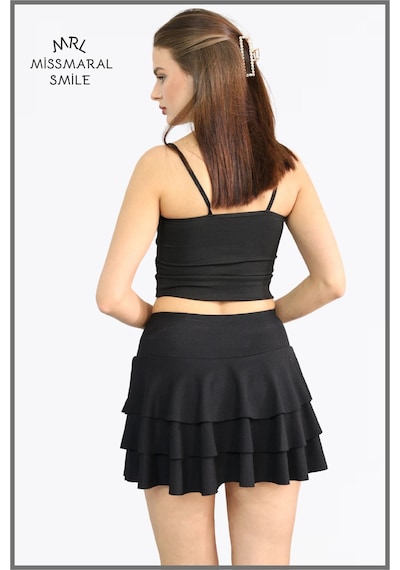 Mykonos Etek Siyah Içte Sabit Şortlu Yüksek Bel Likralı Bürümcük Kumaş Skirt With Shorts 1101 Siyah