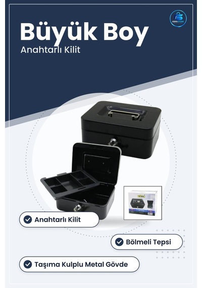 Çelik Para Kasası Büyük Boy Anahtarlı Tepsili Taşıma Kulplu Metal