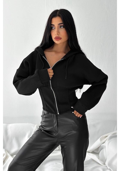 Kadın Siyah Fermuarlı Hoodie Minimal Sokak Ruhuyla Siyah