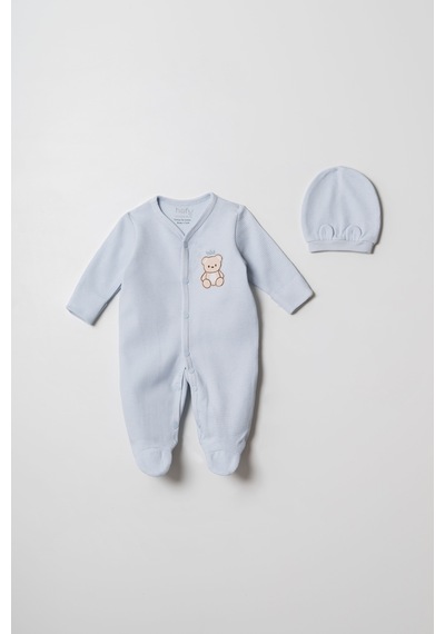 Hafy Baby Ayıcık Nakışlı, Patikli, Erkek Bebek Tulumu Ve Bere Seti Buz Mavisi