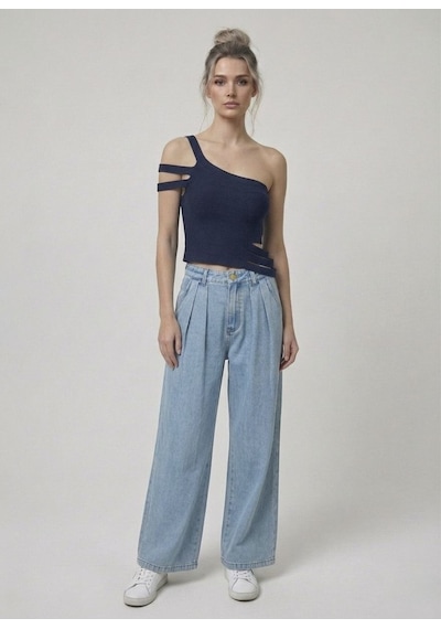 Neden Tekstil Asimetrik Tek Omuz Triko Crop Bluz - Lacivert