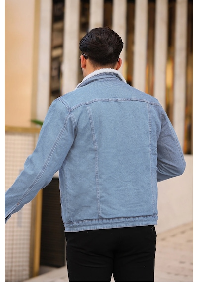 E-fendi Erkek Kürklü Denim Kot Mont Kışlık Sıcak Ve Şık Dış Giyim Buz Mavi - Krem