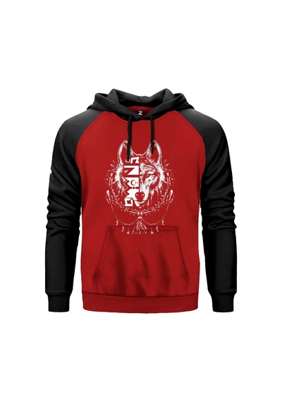 Beyaz Eskiz Tarzı Kurt Başı Baskılı Gri Renk Reglan Kol Sweatshirt Kapşonlu