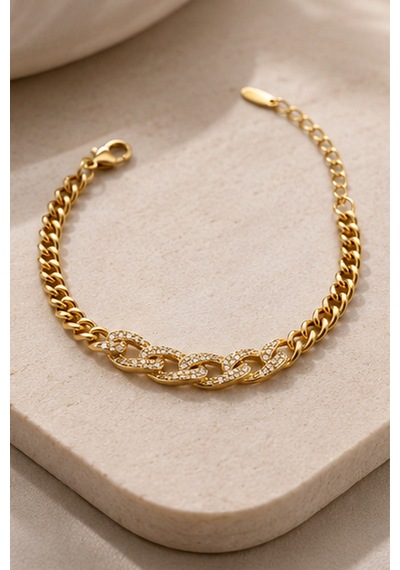 Balenbi Jewelry Kadın Taşlı Kalın Gurmet Zincir Kararmaz Çelik Bileklik Gold Renk 1132 Altın