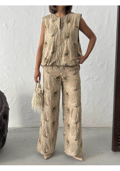 Verymoda Nakışlı Keten Pantolon F2008 Kahve